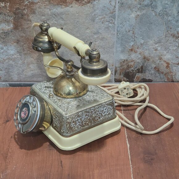 Vintage French Victorian Style Cream & Gold Rotary Dial Cradle Phone Desk Teleph - Picture 13 of 15